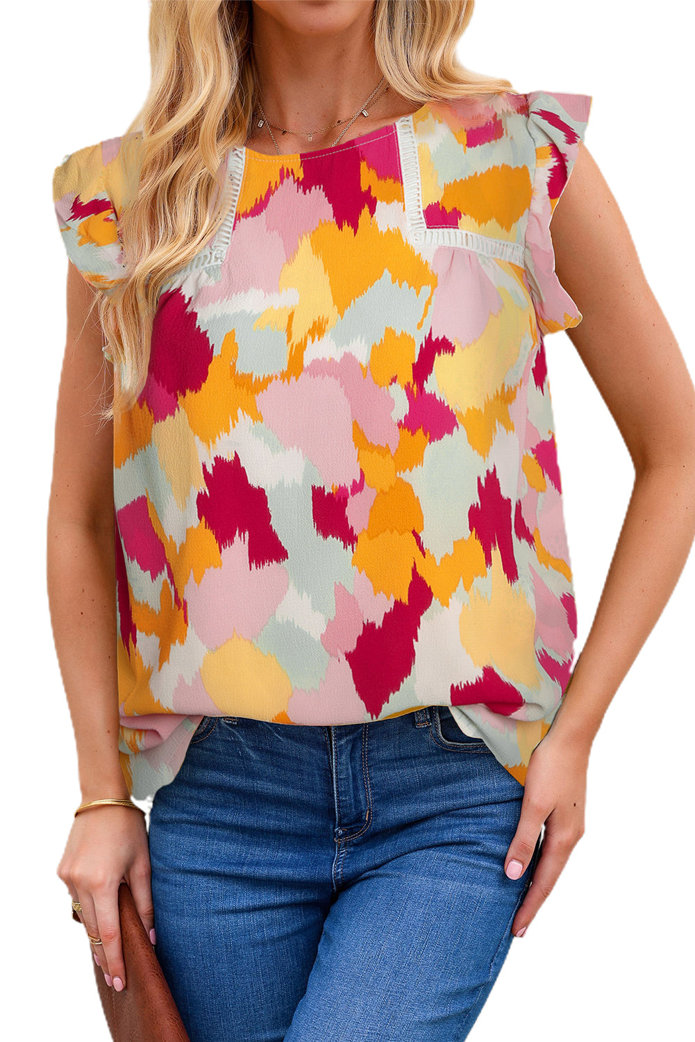 Yellow Abstract Printed Flutter Sleeveless Shirt