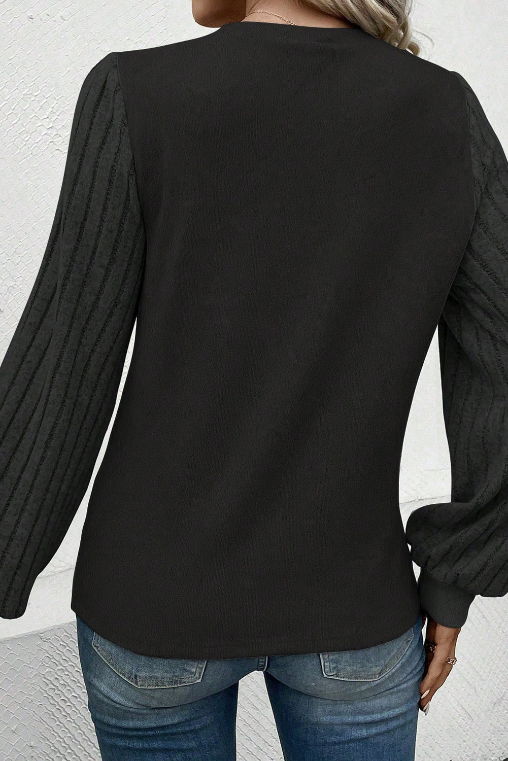 Black Solid Color Contrast Ribbed Bishop Sleeve Top