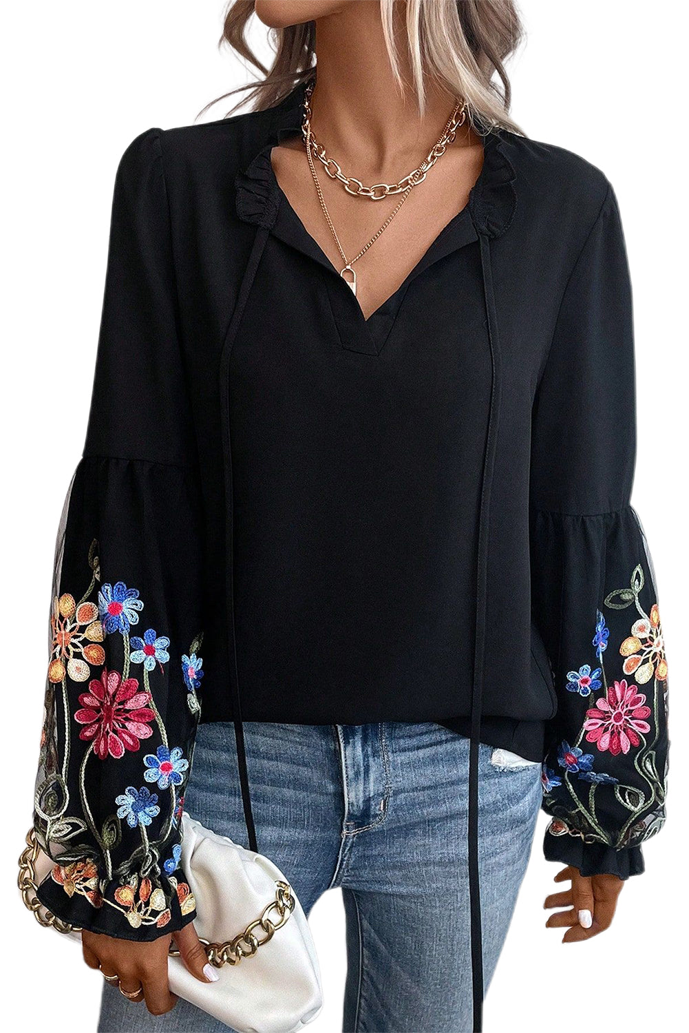 Black Boho Floral Lantern Sleeve Tie Neck Blouse