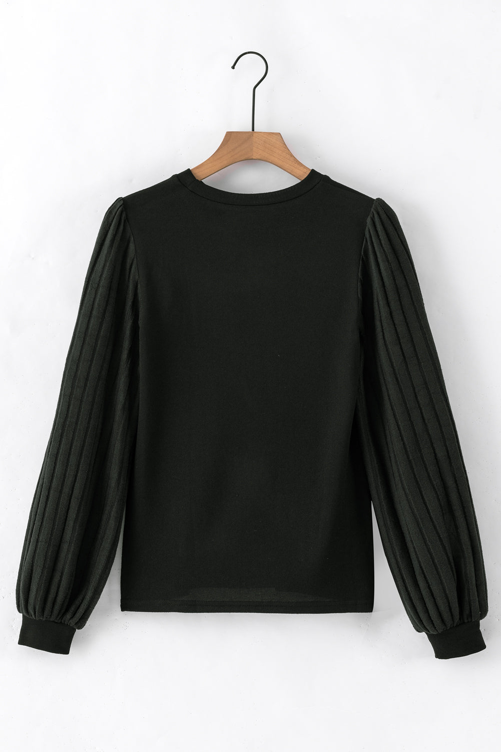 Black Solid Color Contrast Ribbed Bishop Sleeve Top