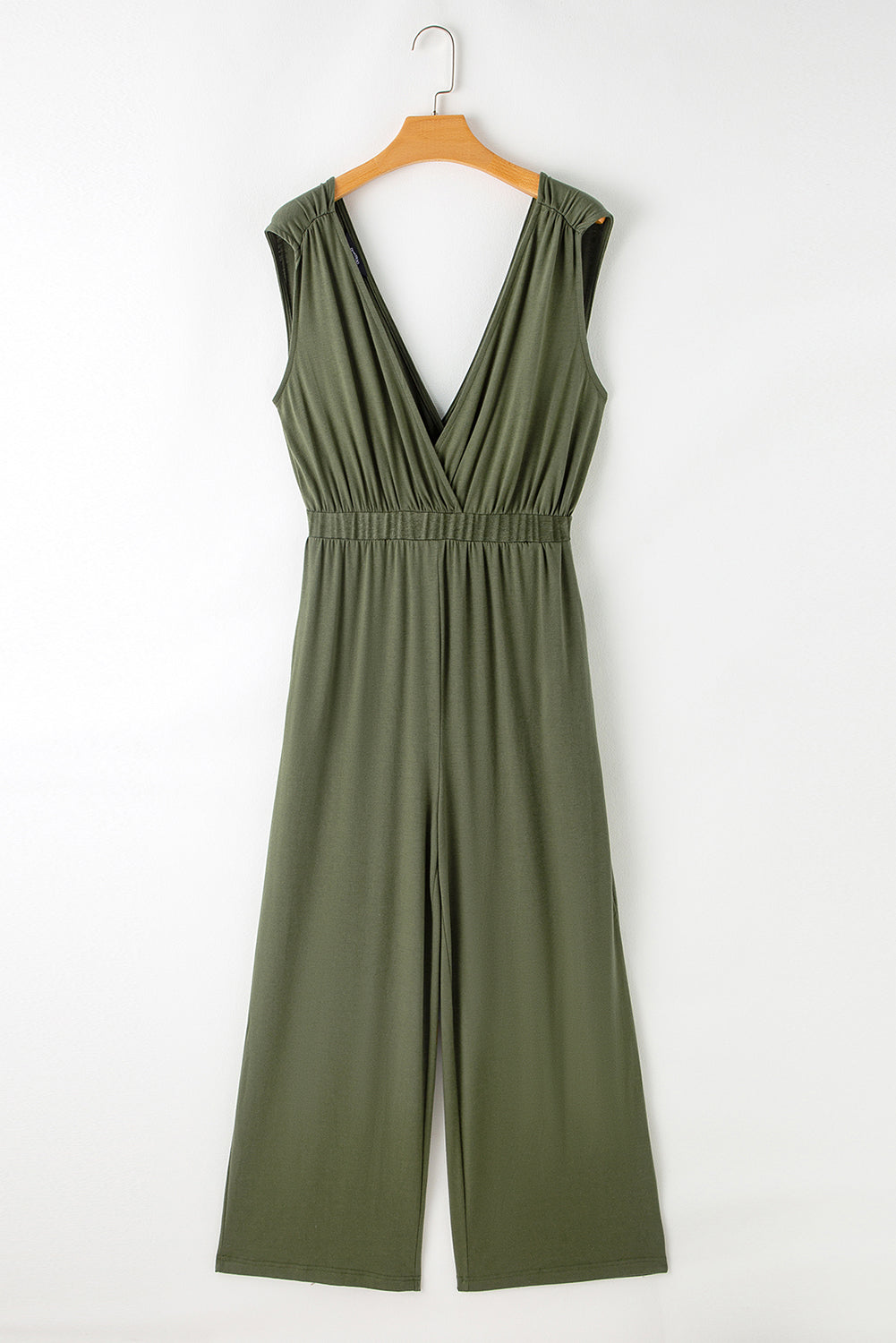 Jungle Green Deep V Pocketed Pleated Wide Leg Jumpsuit