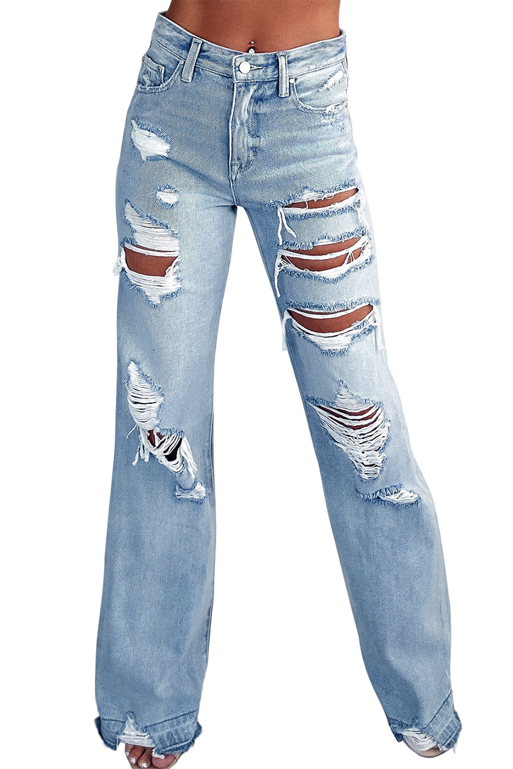 Sky Blue Vintage Distressed Ripped Wide Leg Jeans