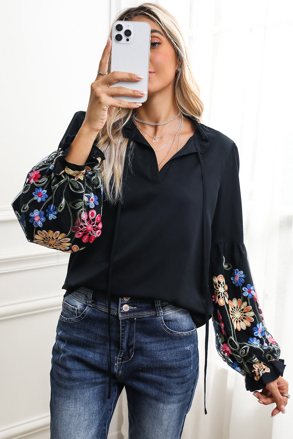 Black Boho Floral Lantern Sleeve Tie Neck Blouse