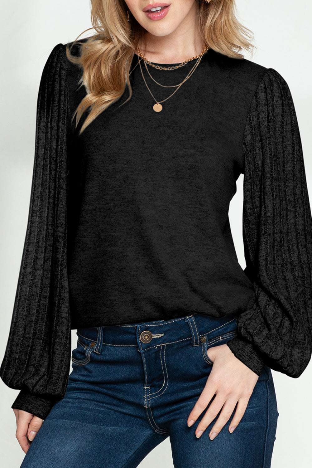 Black Solid Color Contrast Ribbed Bishop Sleeve Top