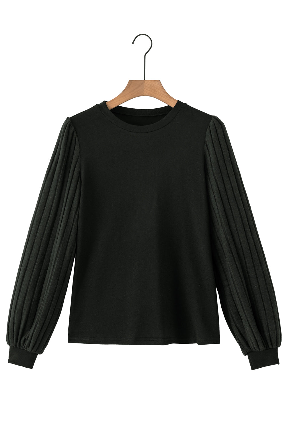 Black Solid Color Contrast Ribbed Bishop Sleeve Top