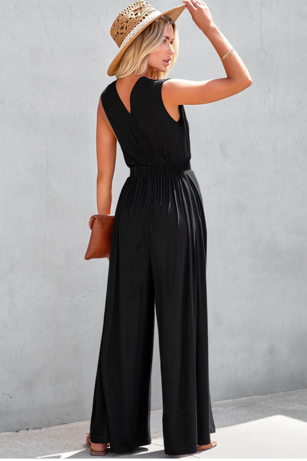 Jungle Green Deep V Pocketed Pleated Wide Leg Jumpsuit