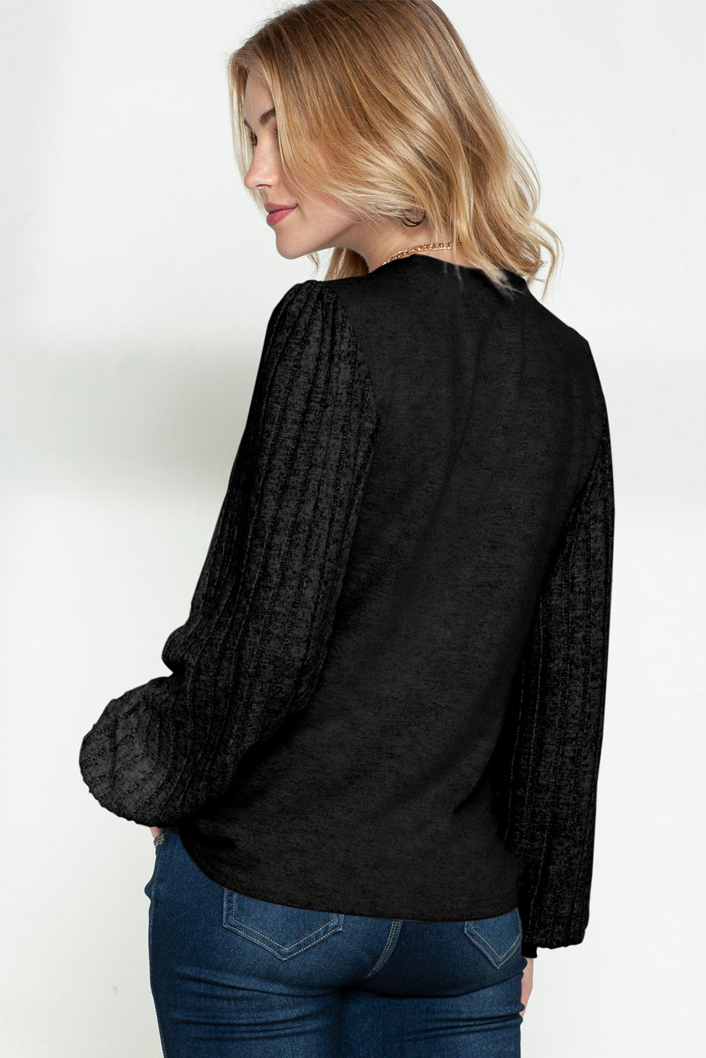 Black Solid Color Contrast Ribbed Bishop Sleeve Top