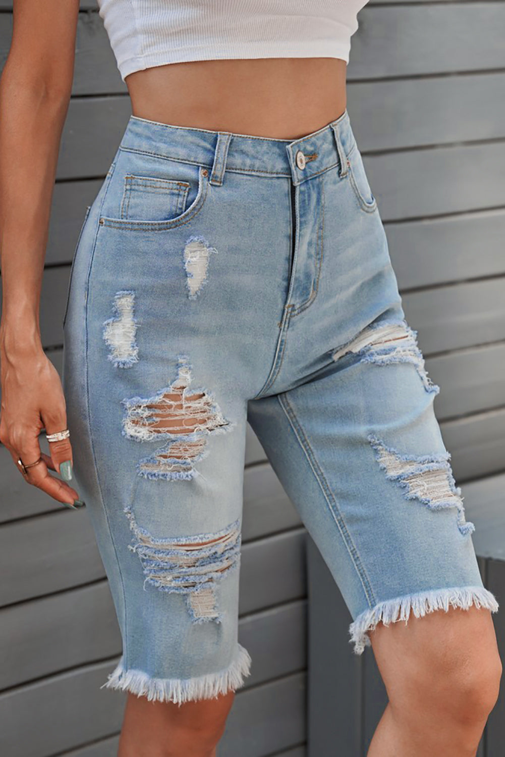 Light Blue Distressed Ripped Denim Bermuda Shorts