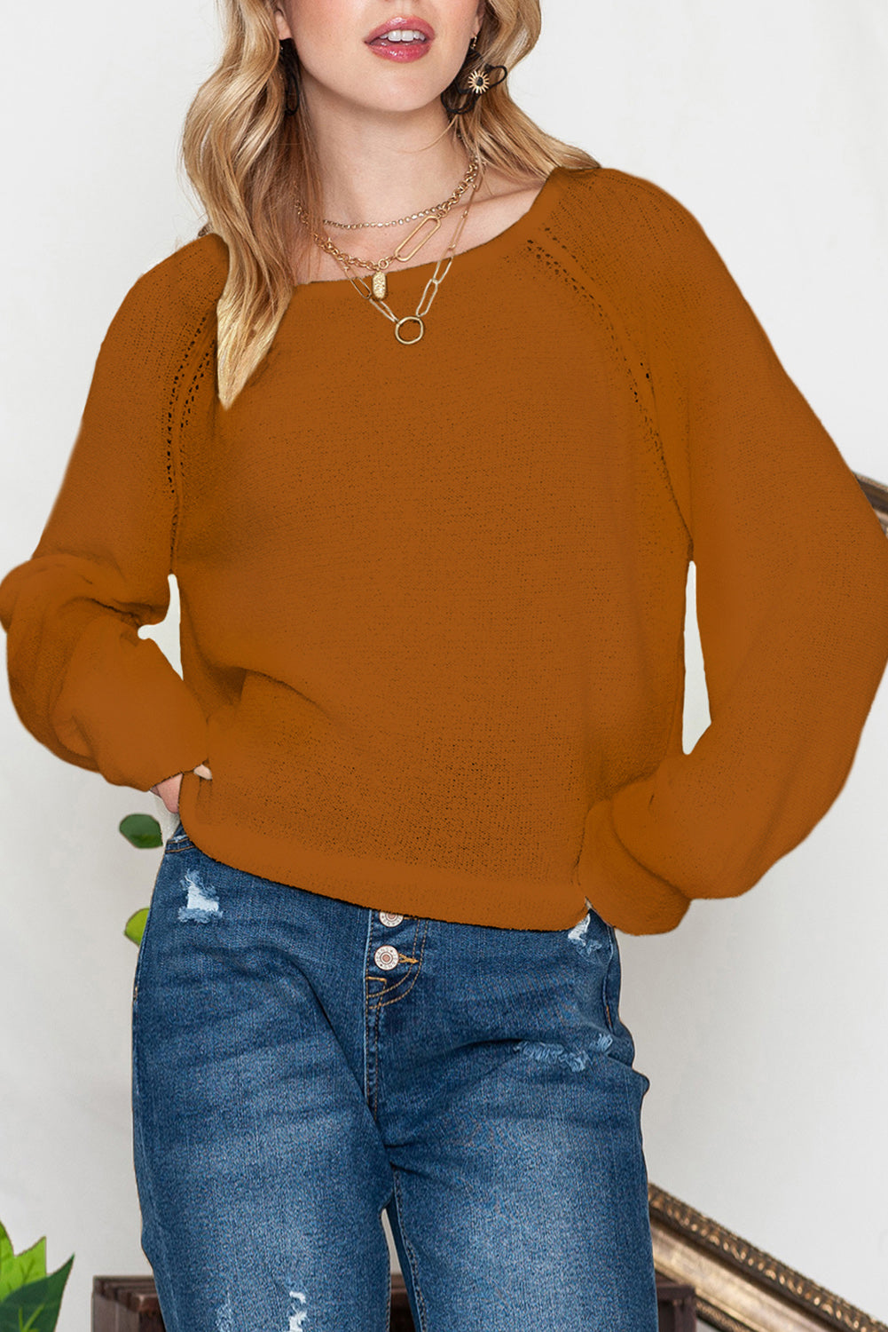 Brown Plain Raglan Sleeve Casual Pullover Sweater