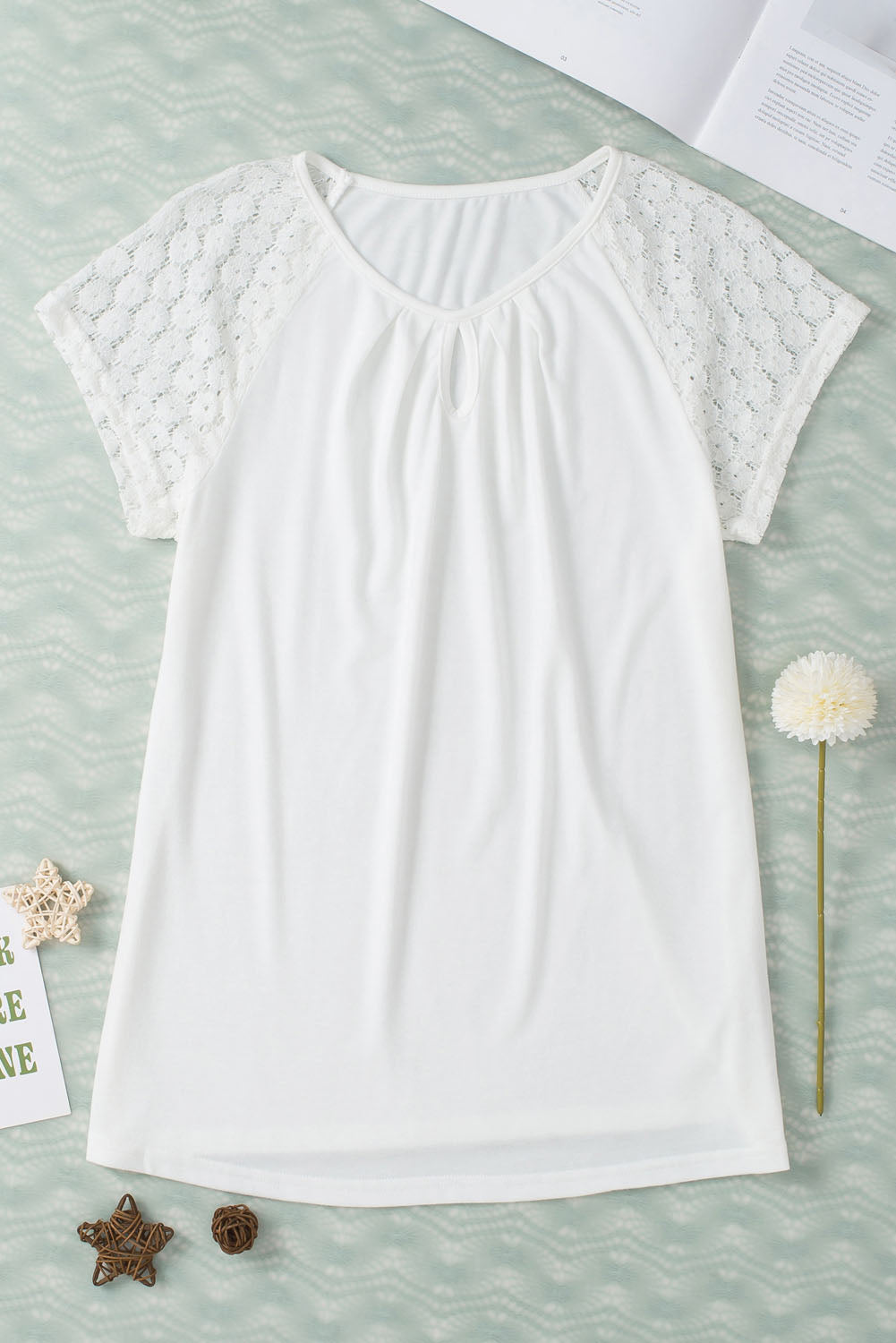 White Contrast Lace Sleeve Keyhole Decor Top