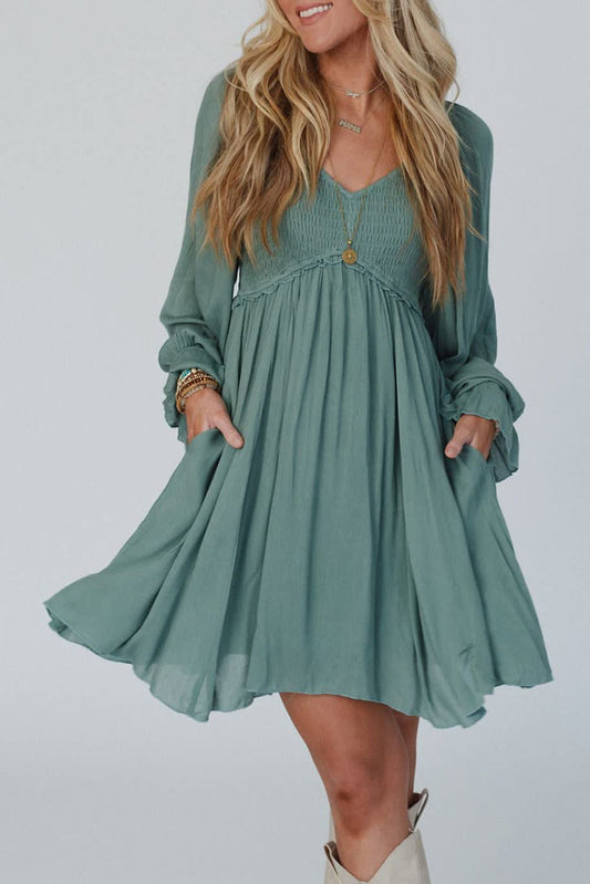 Mist Green Smocked Ruffled Bubble Sleeve Flowy Short Dress