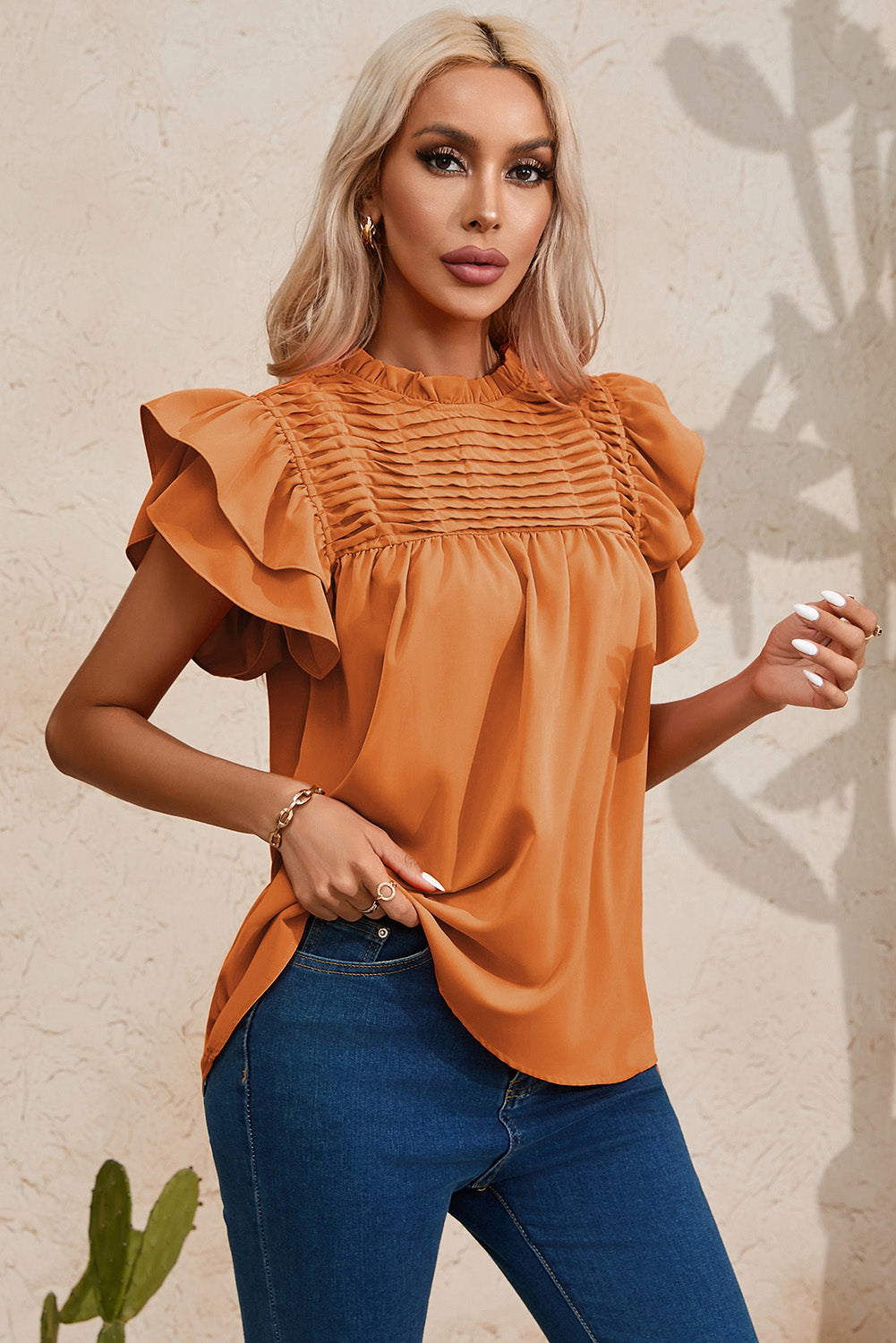 Grapefruit Orange Smocked Ruffle Sleeve Blouse