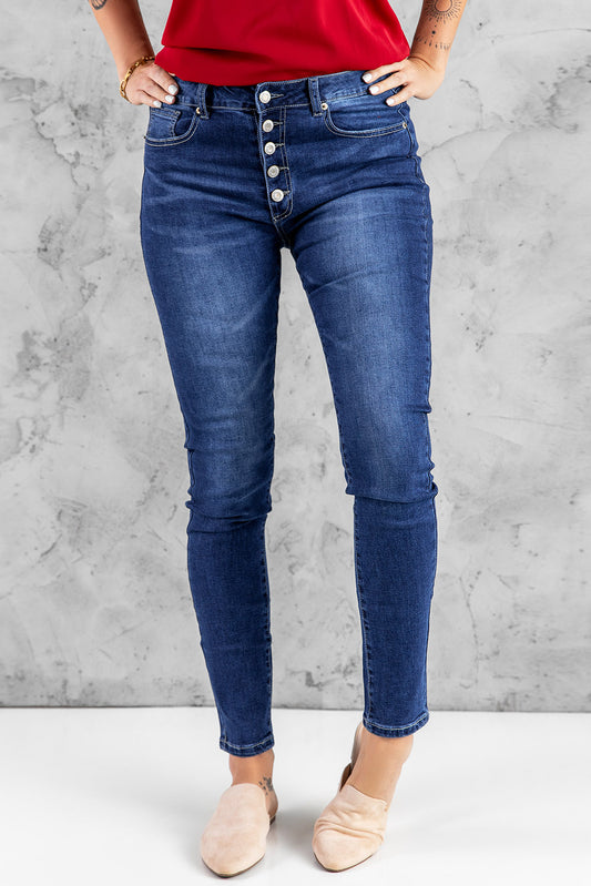 Dark Blue Casual Button Fly High Rise Skinny Jeans