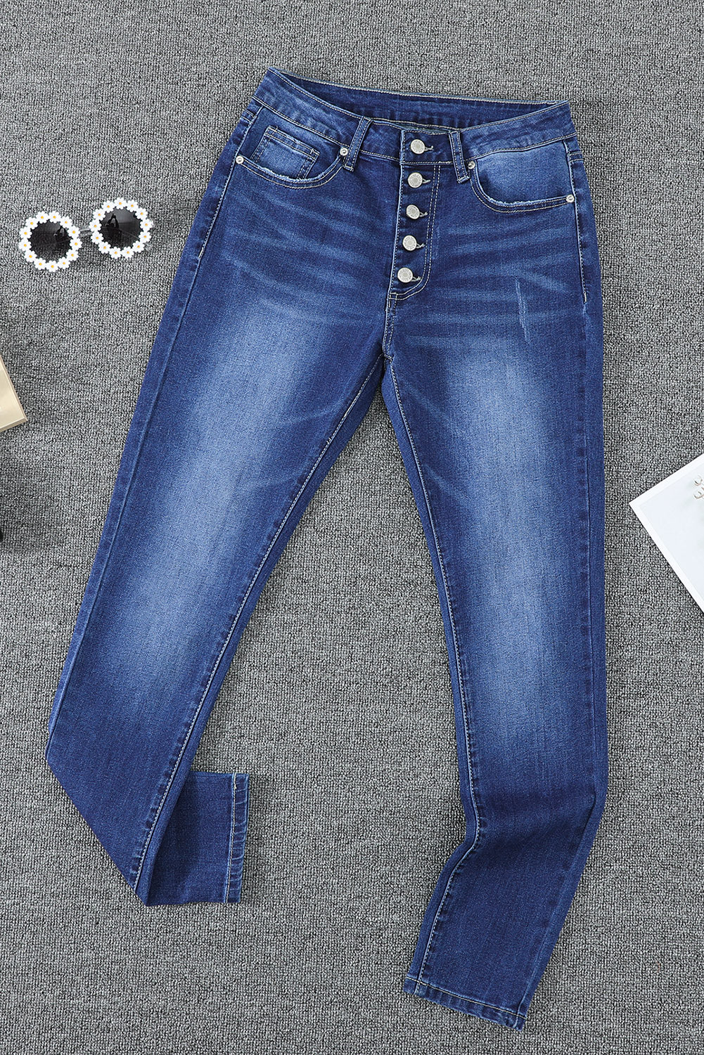 Dark Blue Casual Button Fly High Rise Skinny Jeans