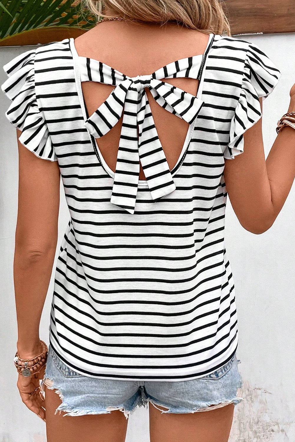 White Stripe V Neck Knotted Backless Ruffle T Shirt