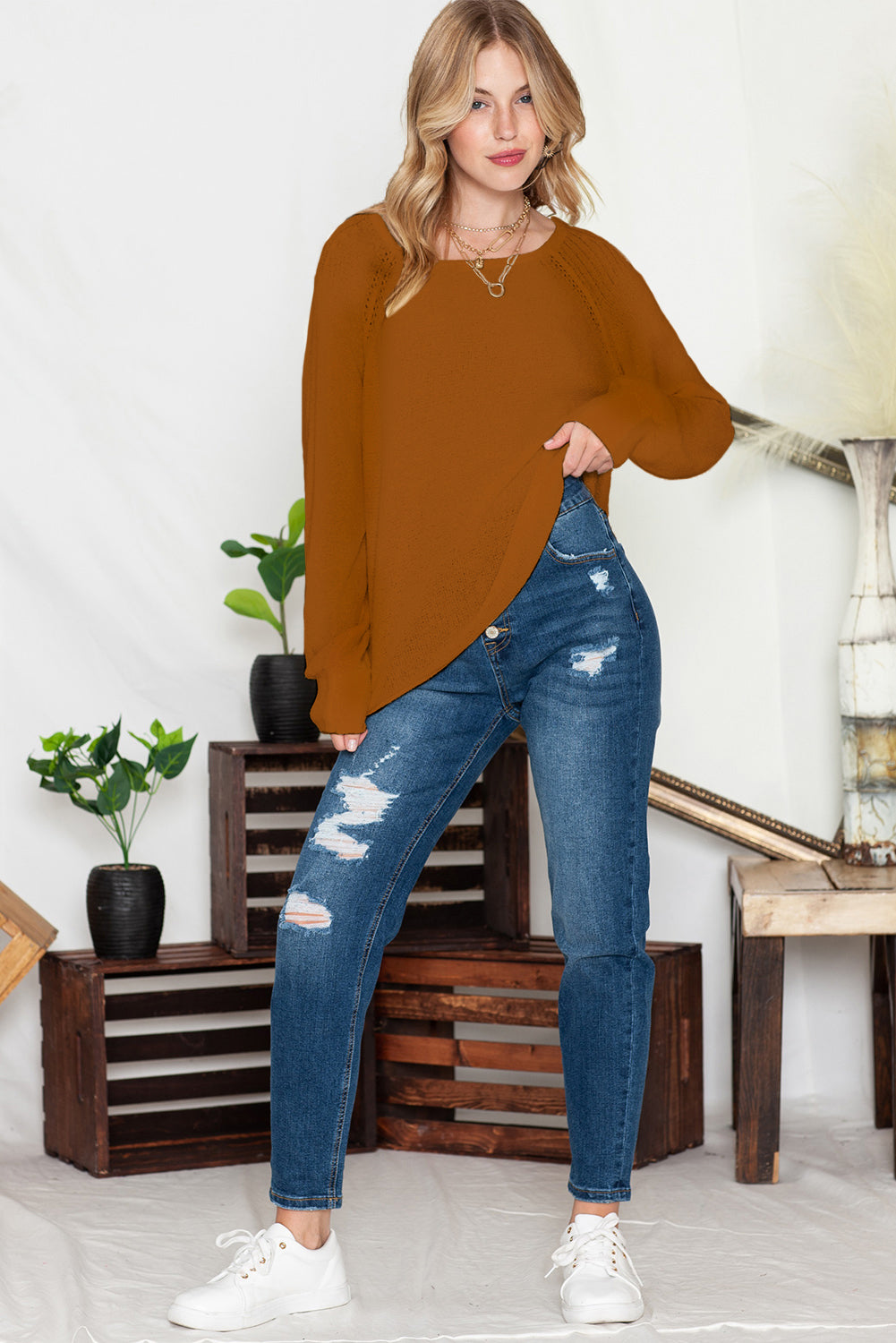 Brown Plain Raglan Sleeve Casual Pullover Sweater