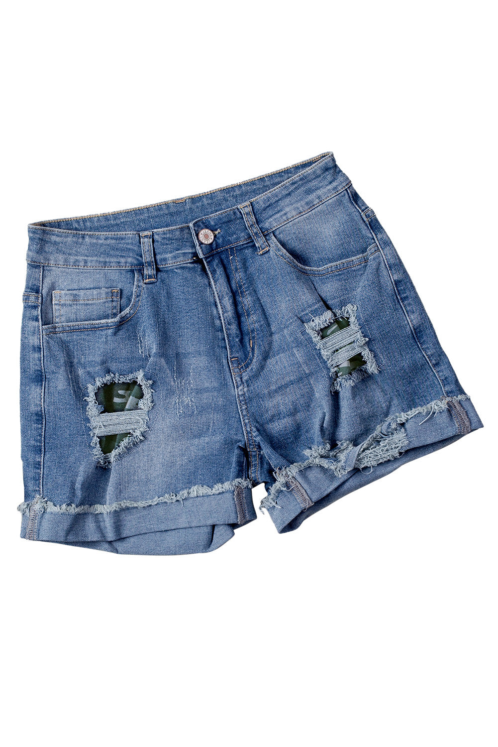 Dark Blue Camouflage Patchwork Rolled Hem Denim Shorts