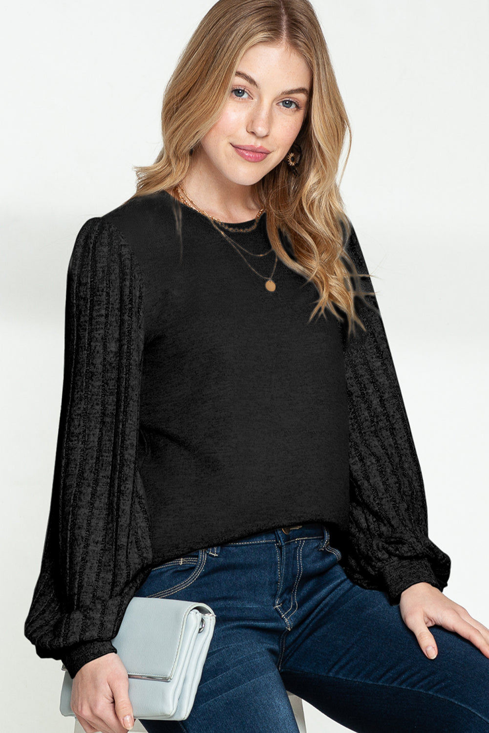 Black Solid Color Contrast Ribbed Bishop Sleeve Top