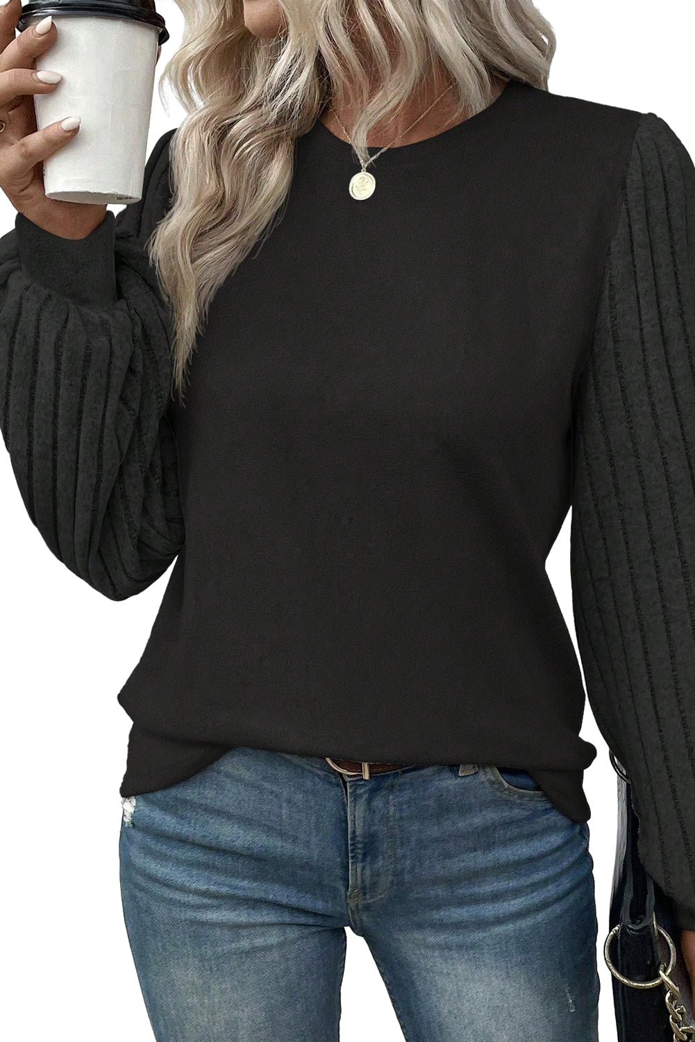 Black Solid Color Contrast Ribbed Bishop Sleeve Top