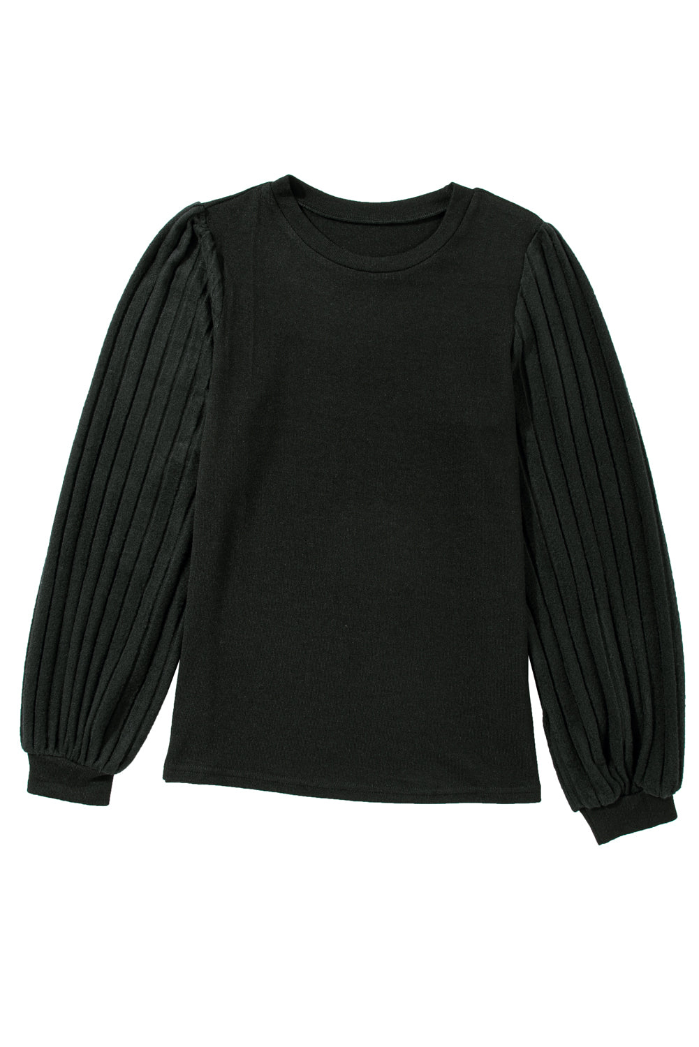 Black Solid Color Contrast Ribbed Bishop Sleeve Top