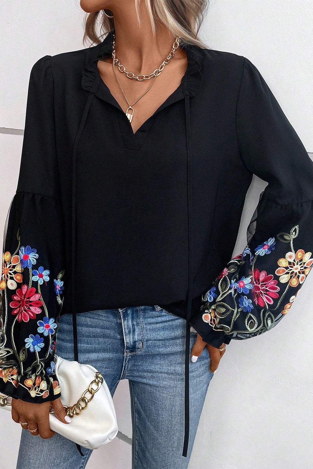 Black Boho Floral Lantern Sleeve Tie Neck Blouse