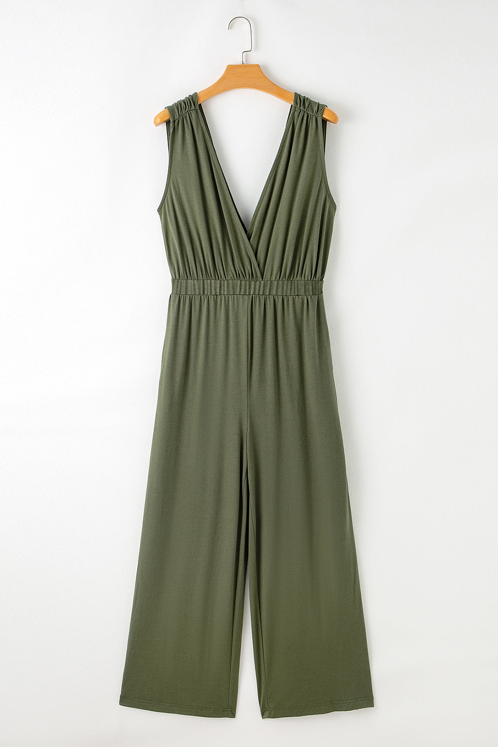 Jungle Green Deep V Pocketed Pleated Wide Leg Jumpsuit