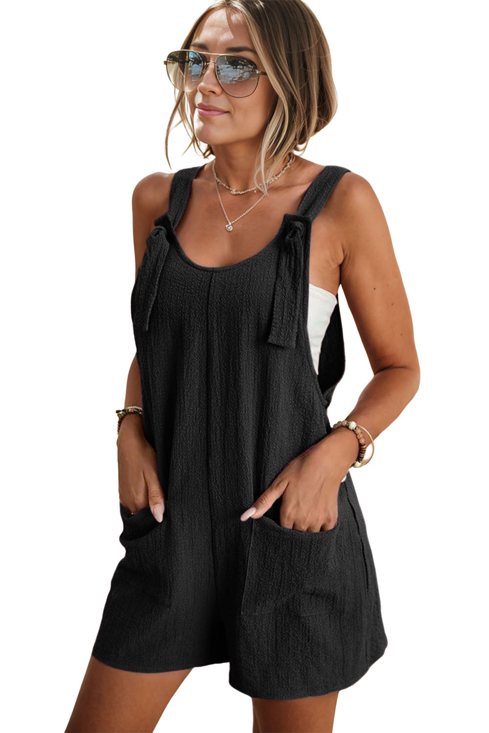 Black Shoulder Strap Pocket Textured Romper