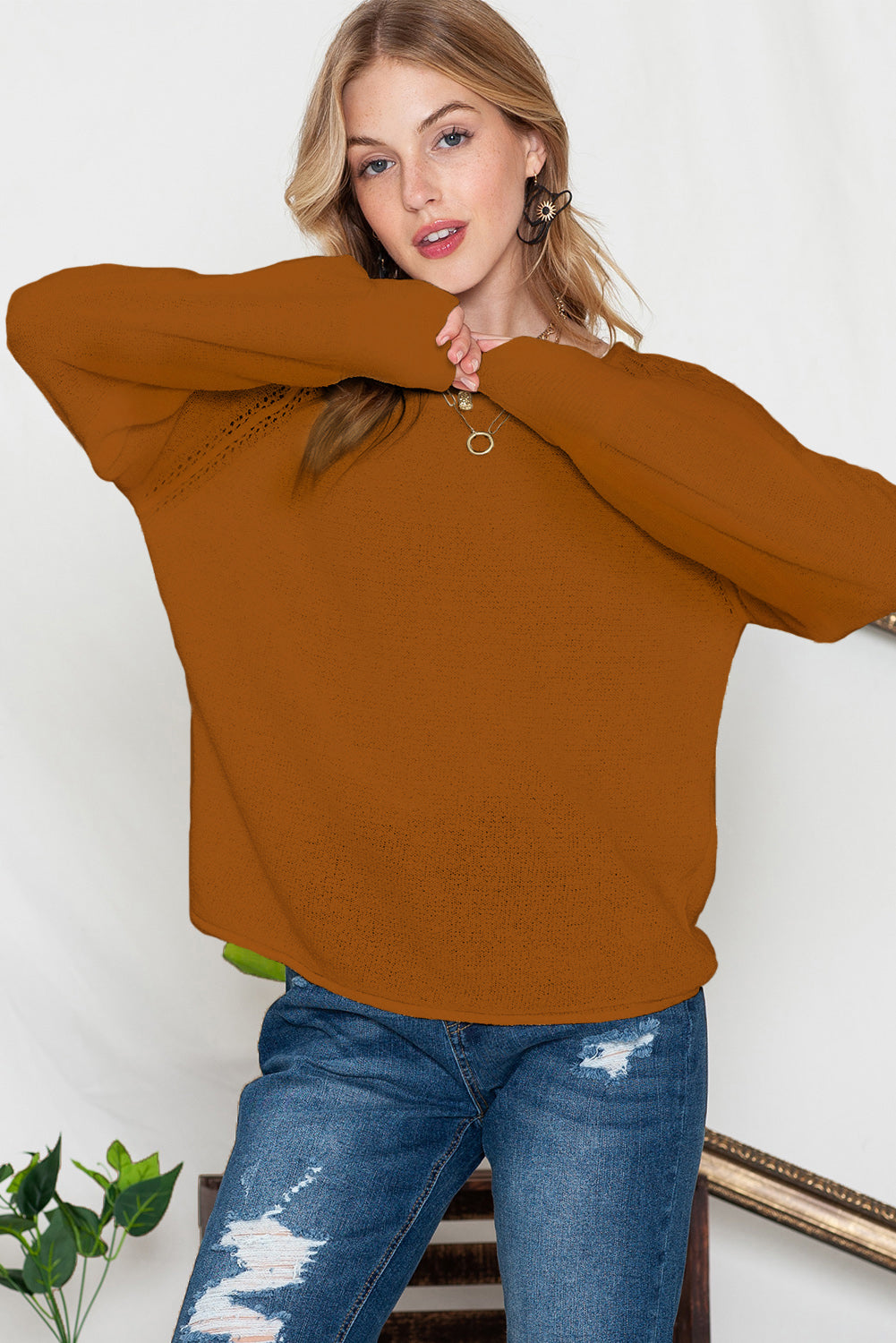 Brown Plain Raglan Sleeve Casual Pullover Sweater