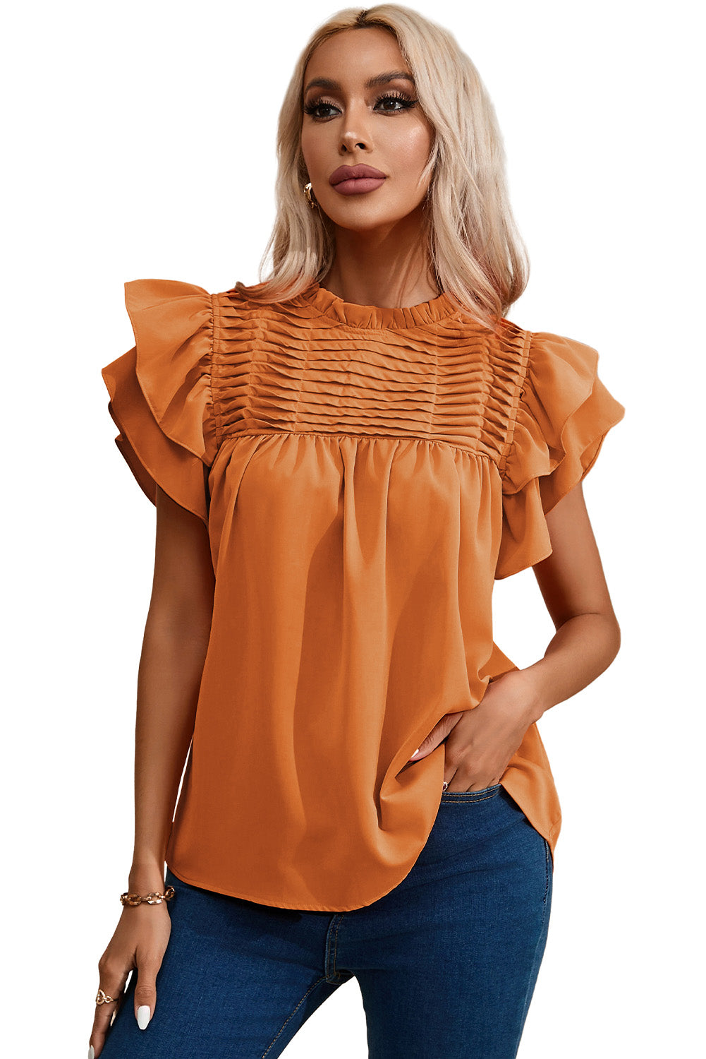 Grapefruit Orange Smocked Ruffle Sleeve Blouse