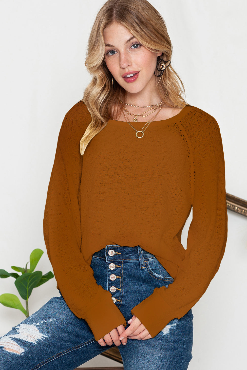 Brown Plain Raglan Sleeve Casual Pullover Sweater