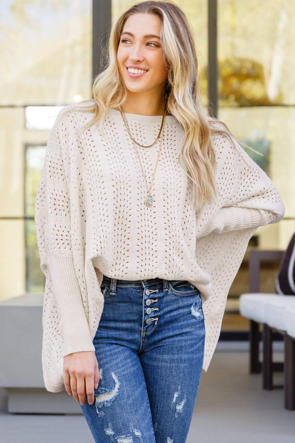 Beige Eyelet Batwing Sleeve Knit Sweater