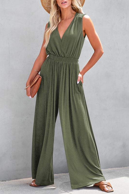 Jungle Green Deep V Pocketed Pleated Wide Leg Jumpsuit