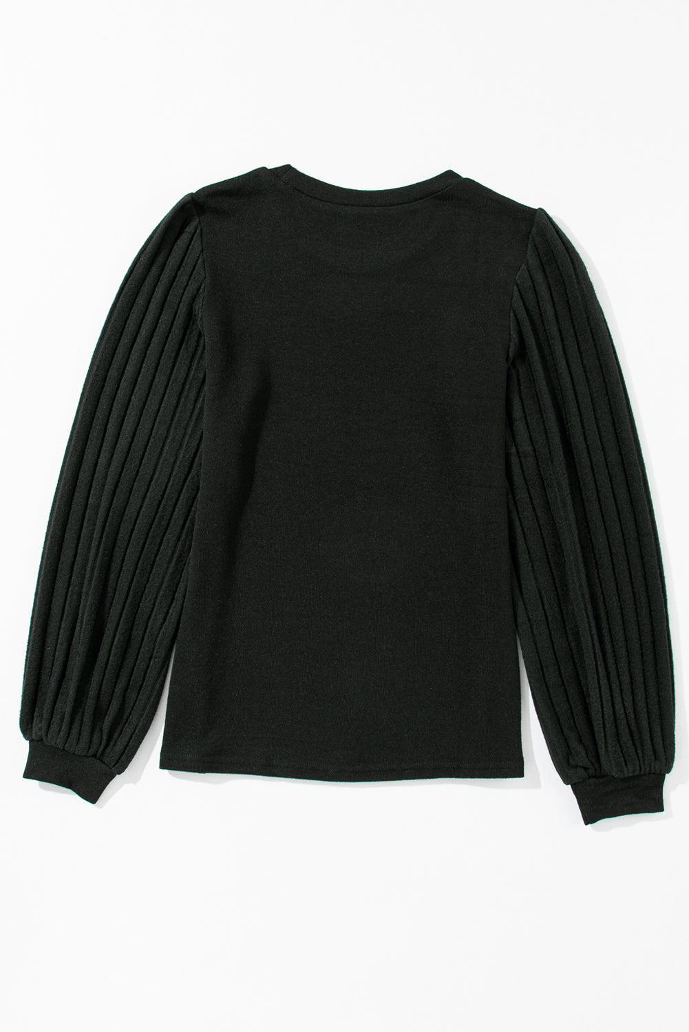 Black Solid Color Contrast Ribbed Bishop Sleeve Top