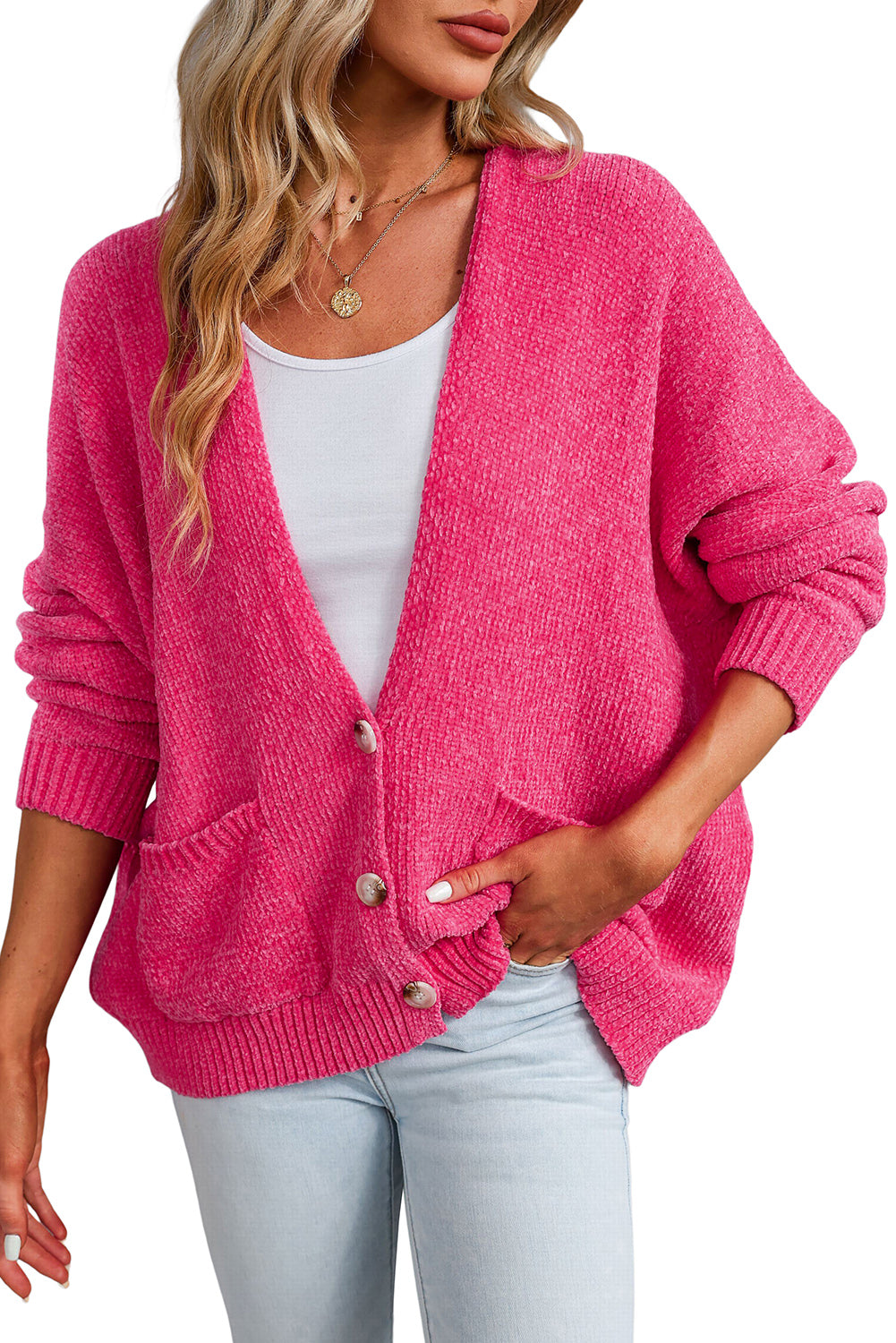 Rose Buttons Front Pocketed Sweater Cardigan