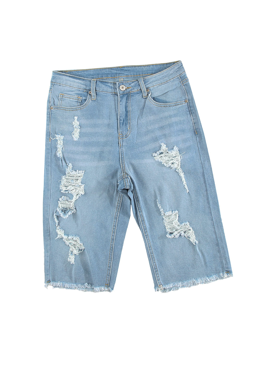 Light Blue Distressed Ripped Denim Bermuda Shorts