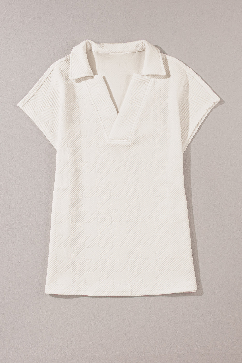 White Textured V Neck Collared Short Sleeve Top