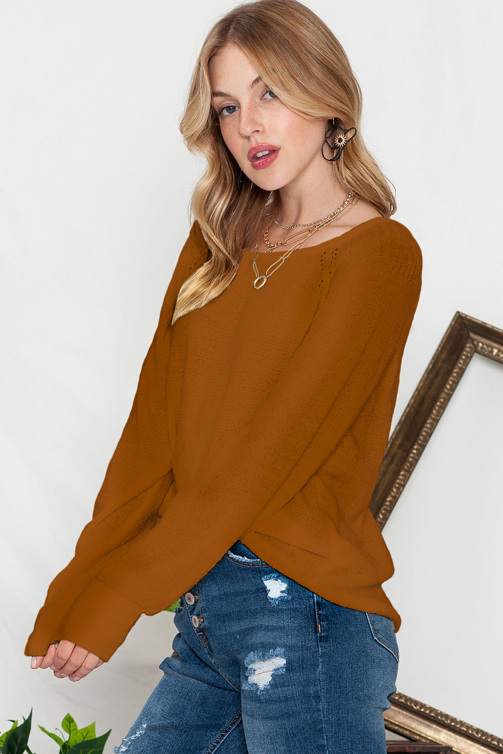 Brown Plain Raglan Sleeve Casual Pullover Sweater