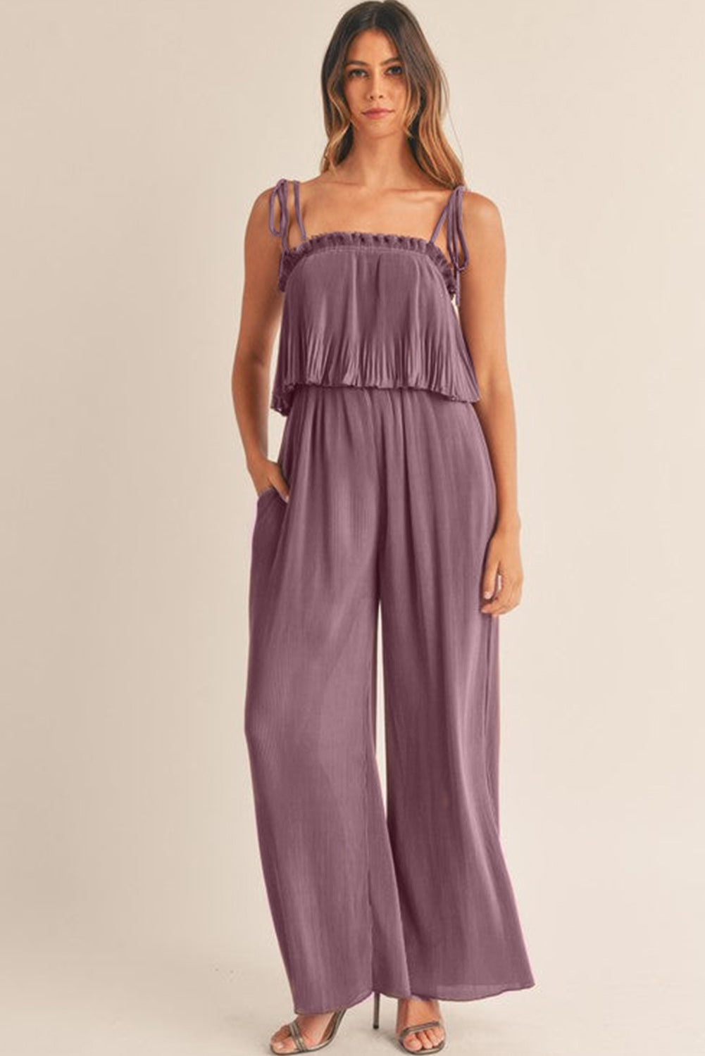 Rose Tan Solid Self Tied Straps Pleated Wide Leg Jumpsuit