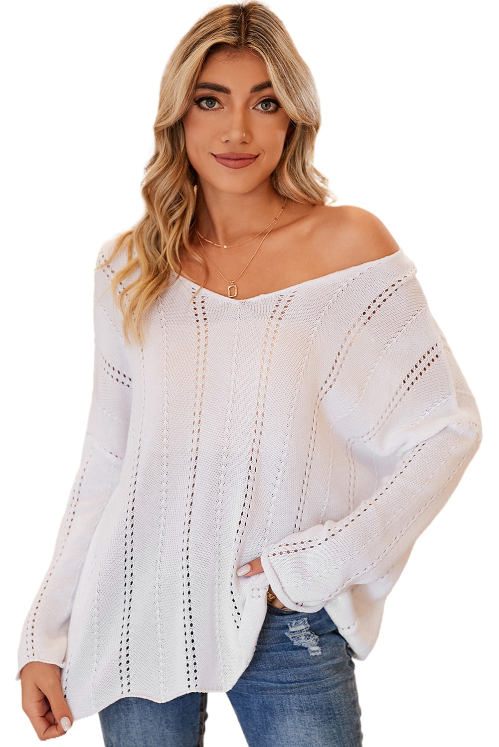 White Hollowed Detail Knitted Loose V Neck Sweater