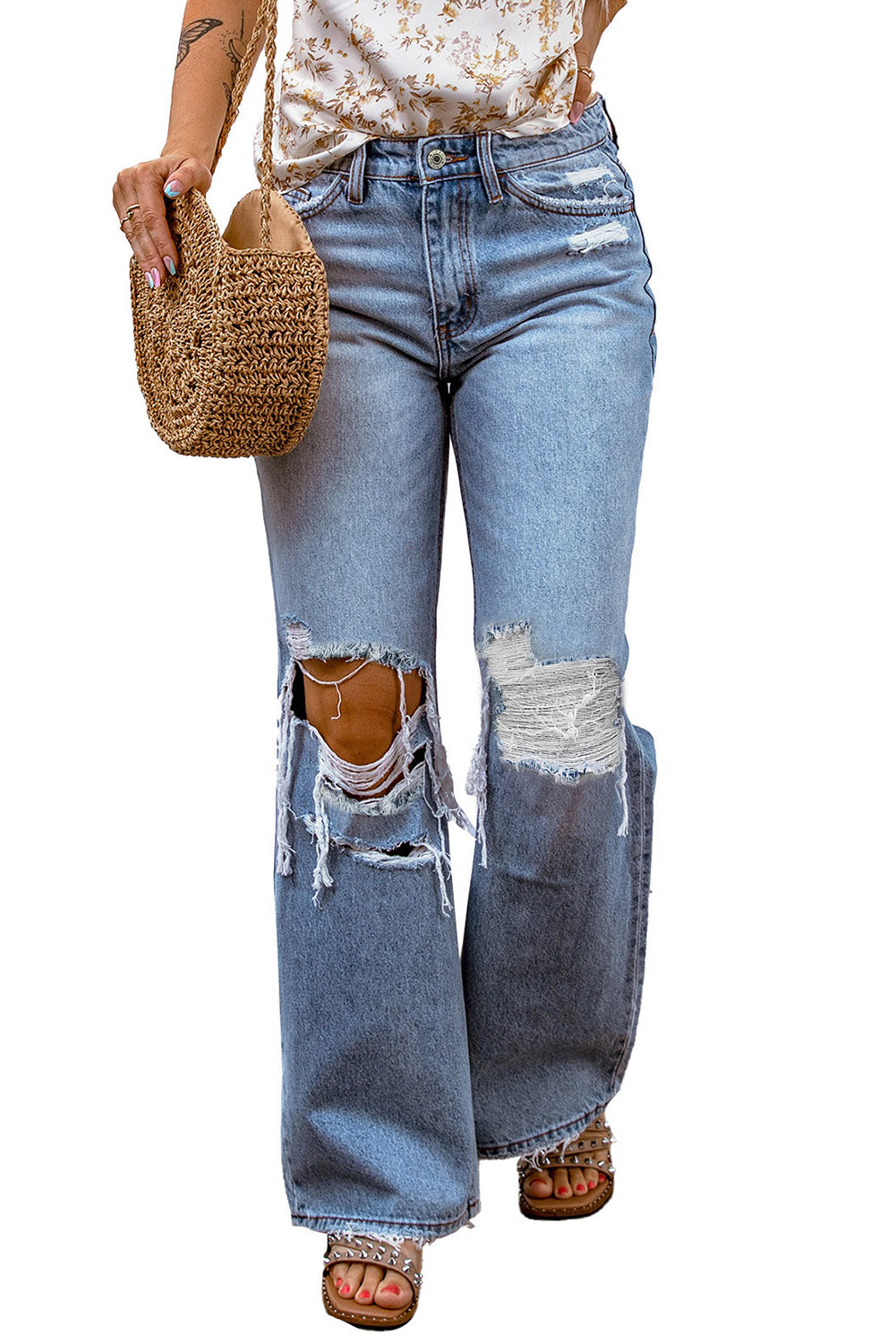 Light Blue Destroyed Ripped Casual Wide Leg Jeans