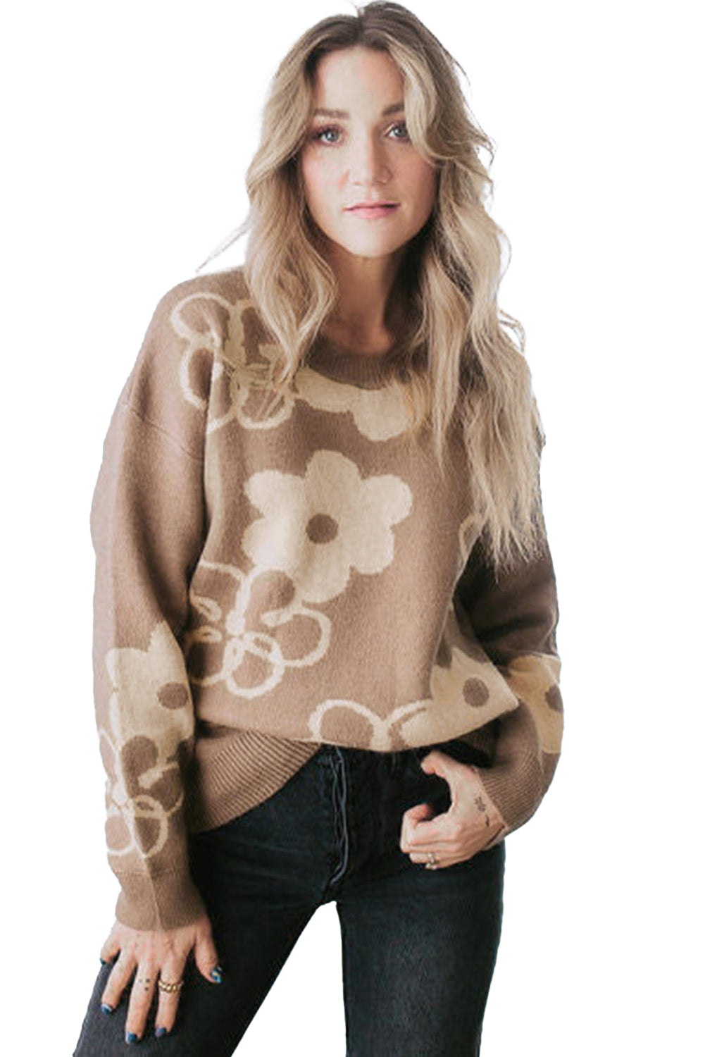 Camel Floral Print Ribbed Contrast Sweater