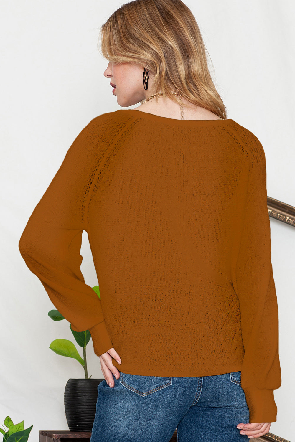 Brown Plain Raglan Sleeve Casual Pullover Sweater