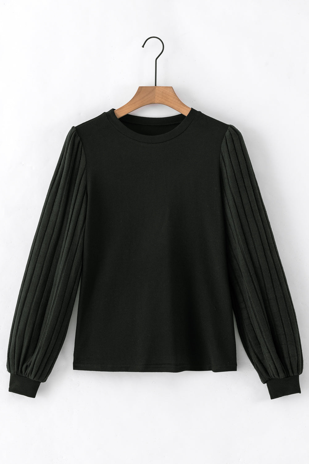 Black Solid Color Contrast Ribbed Bishop Sleeve Top