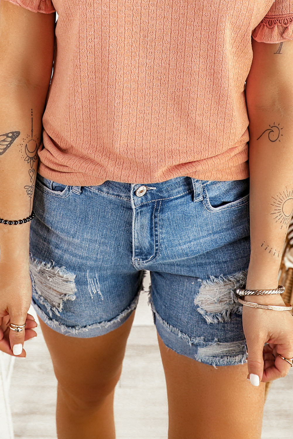 Light Blue Casual Ripped Rolled Hem Denim Shorts