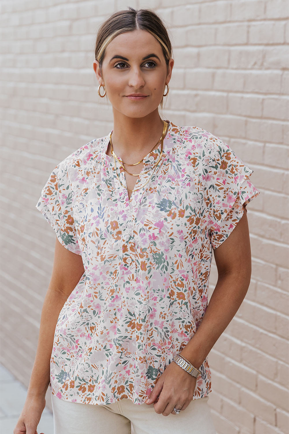 Multicolor Floral Mandarin Collar Top