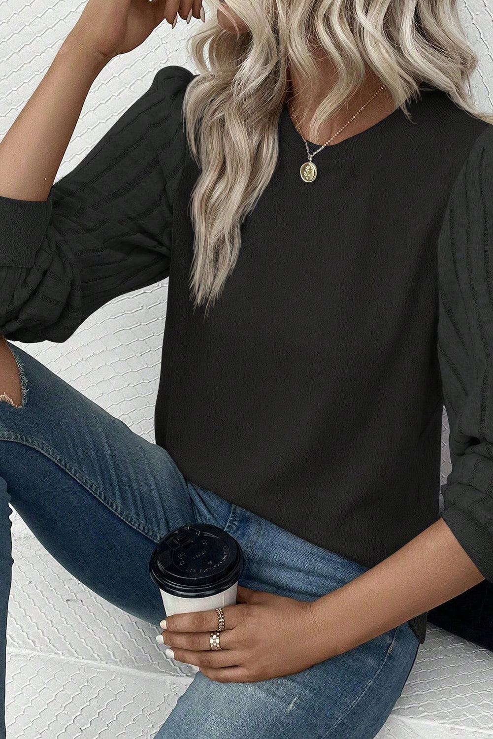 Black Solid Color Contrast Ribbed Bishop Sleeve Top