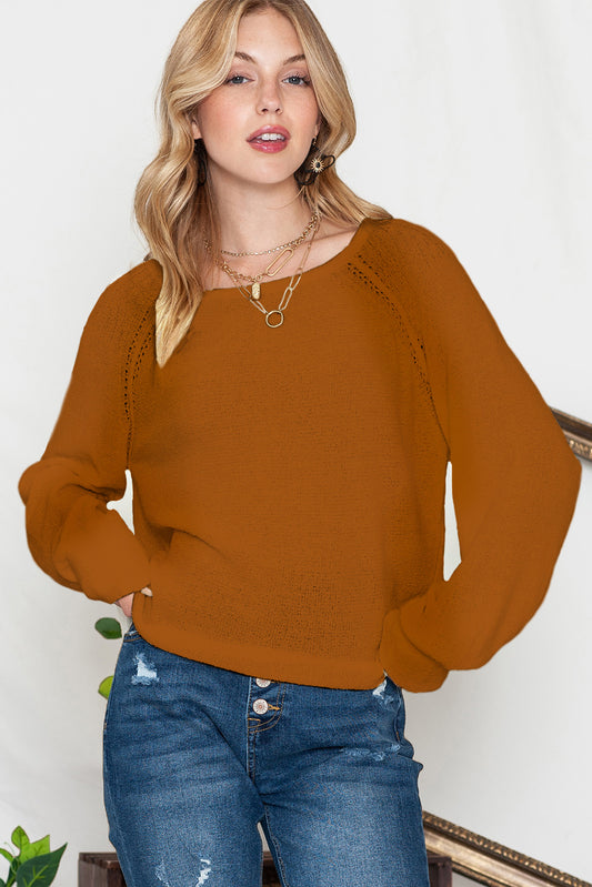 Brown Plain Raglan Sleeve Casual Pullover Sweater