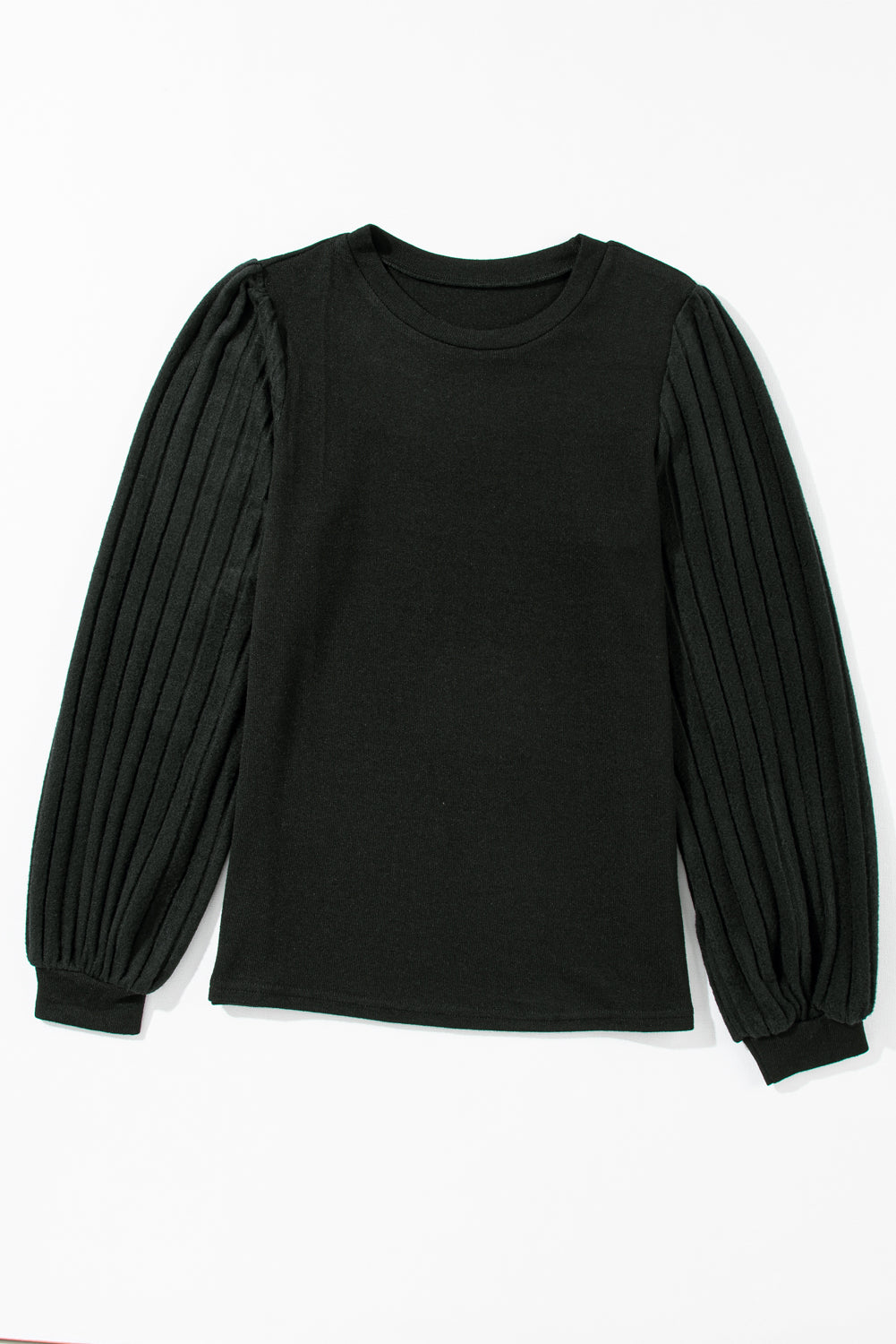 Black Solid Color Contrast Ribbed Bishop Sleeve Top