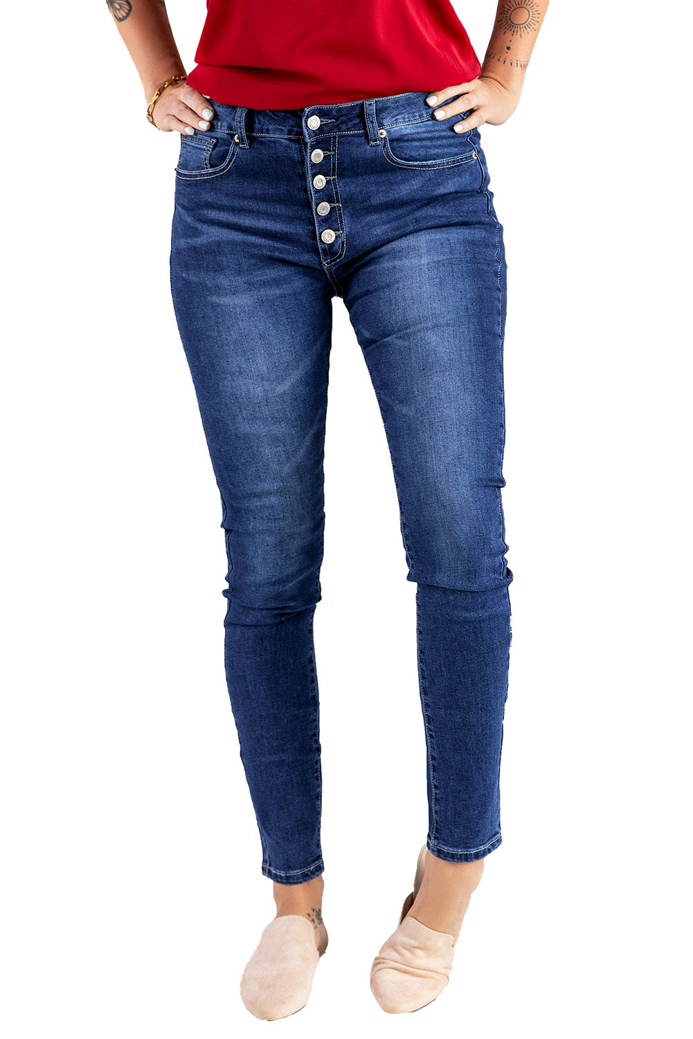 Dark Blue Casual Button Fly High Rise Skinny Jeans