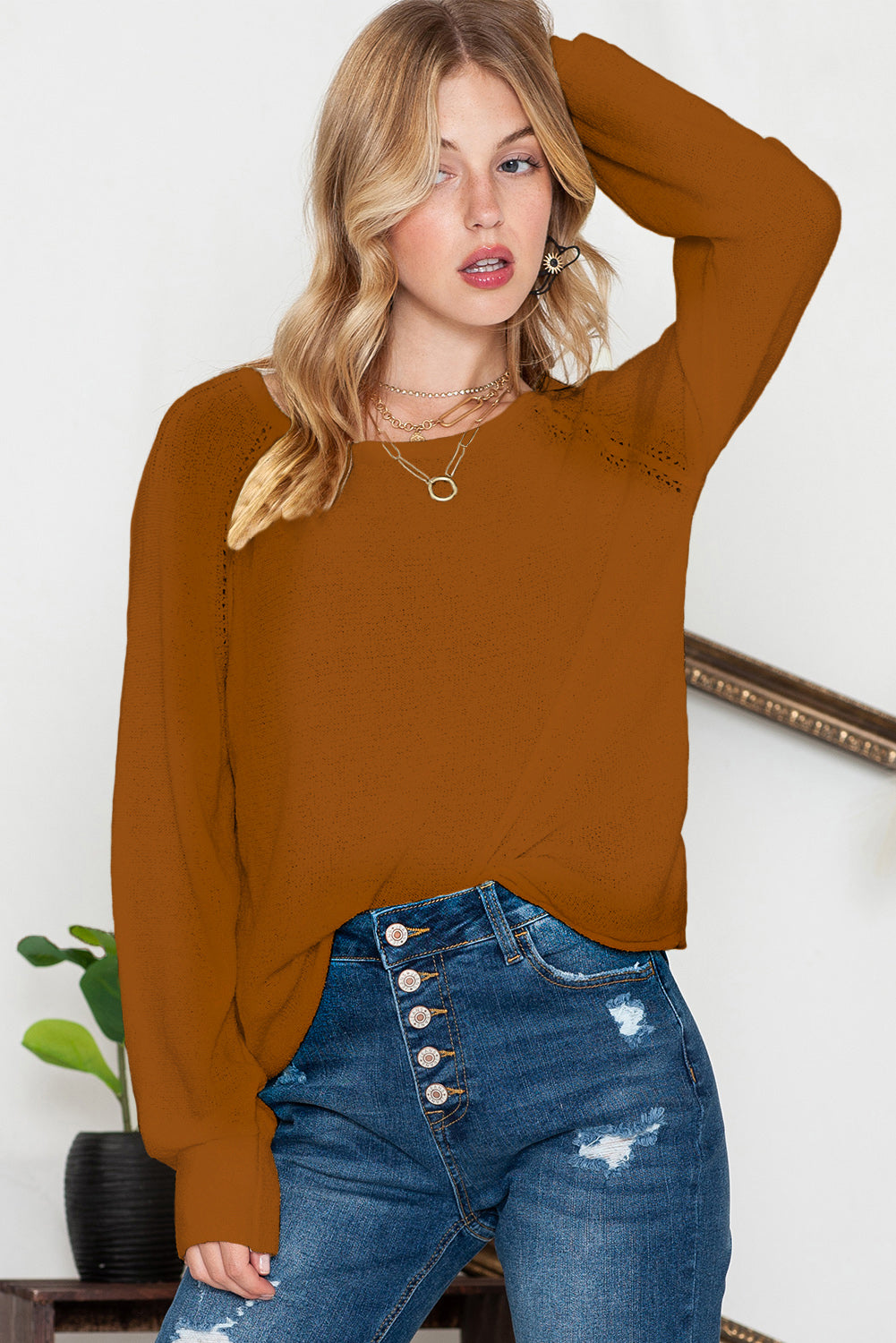 Brown Plain Raglan Sleeve Casual Pullover Sweater